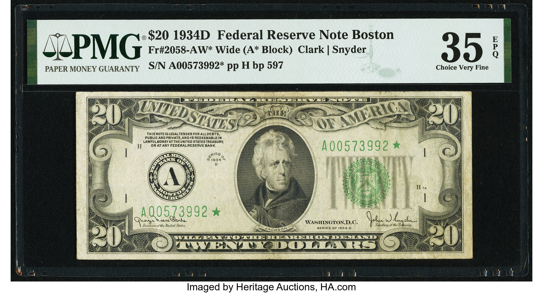 1934D $20 Boston, Star Replacement (Fr. 2058A*)