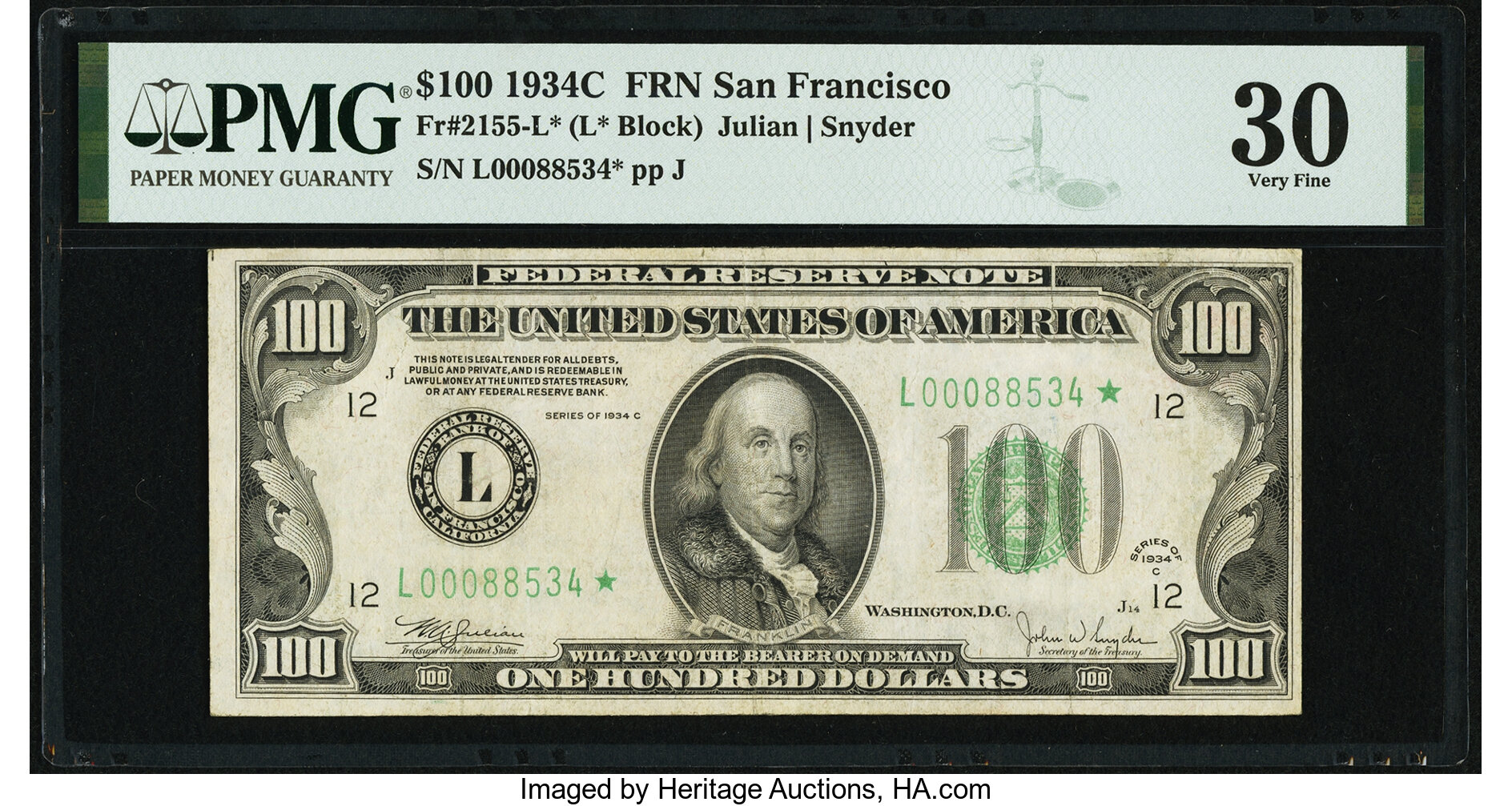 image for: Fr. 2155-L* $100 1934C Federal Reserve Note. PMG Very Fine 30....
