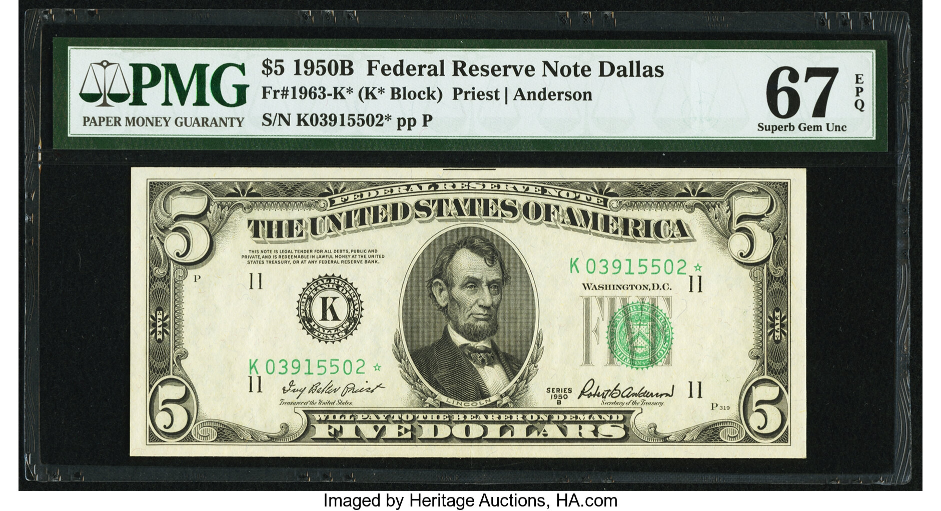 image for: Fr. 1963-K* $5 1950B Federal Reserve Note. PMG Superb Gem Unc 67 EPQ....