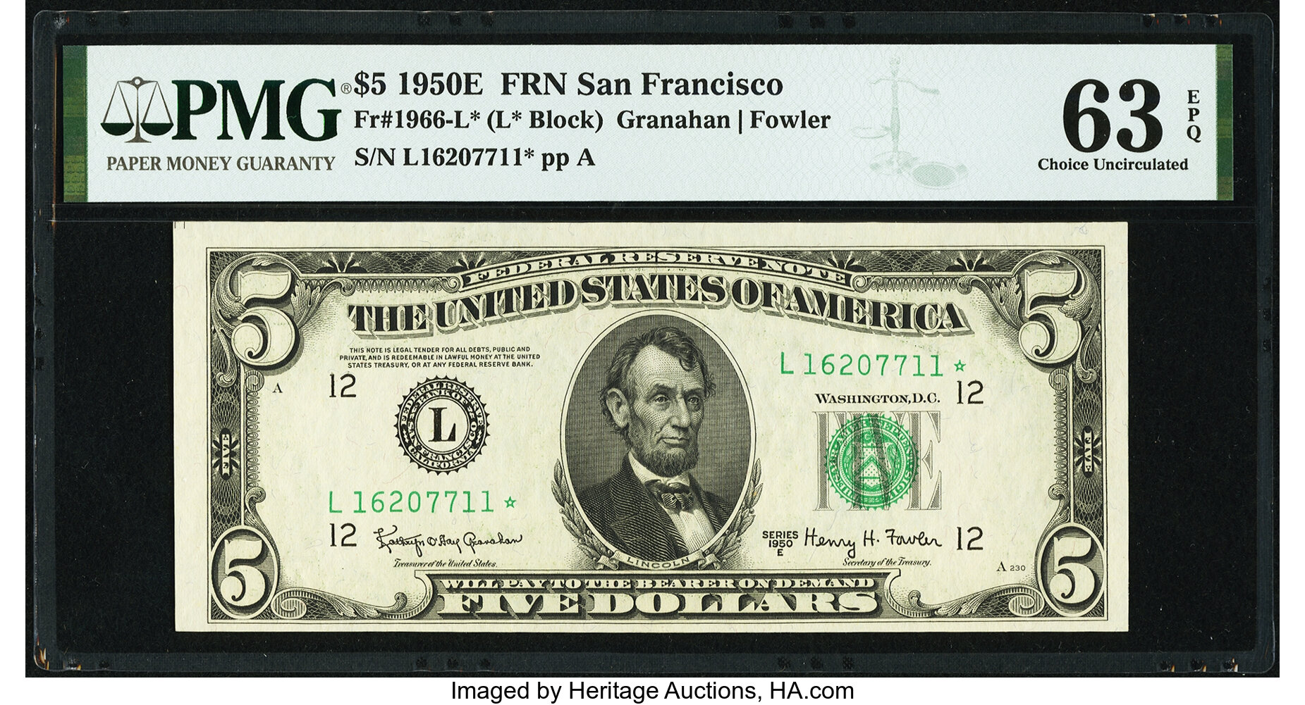 image for: Fr. 1966-L* $5 1950E Federal Reserve Note. PMG Choice Uncirculated 63 EPQ....
