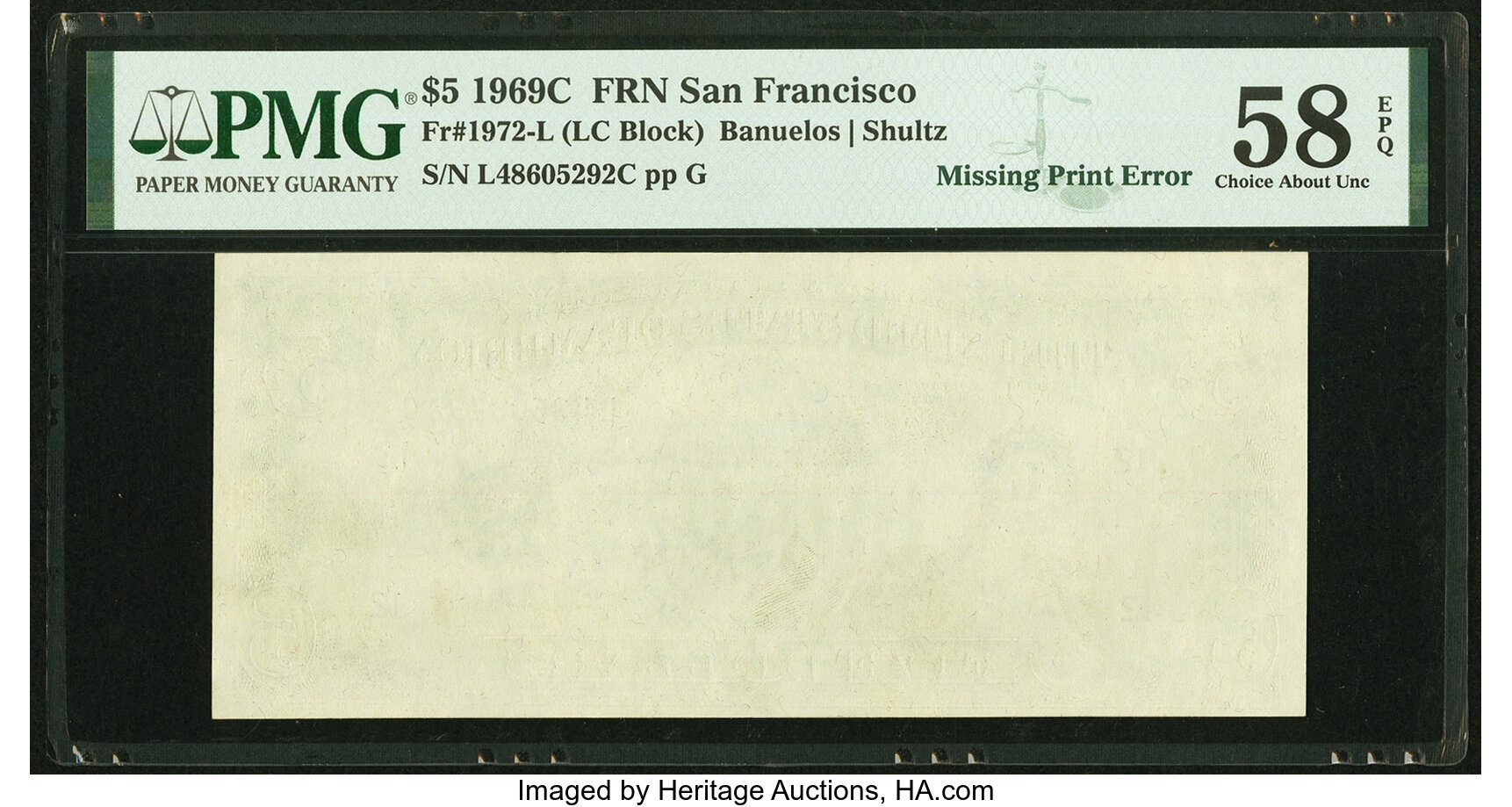 image for: First Print (Back) Missing Error Fr. 1972-L $5 1969C Federal Reserve Note. PMG Choice About Unc 58 EPQ....