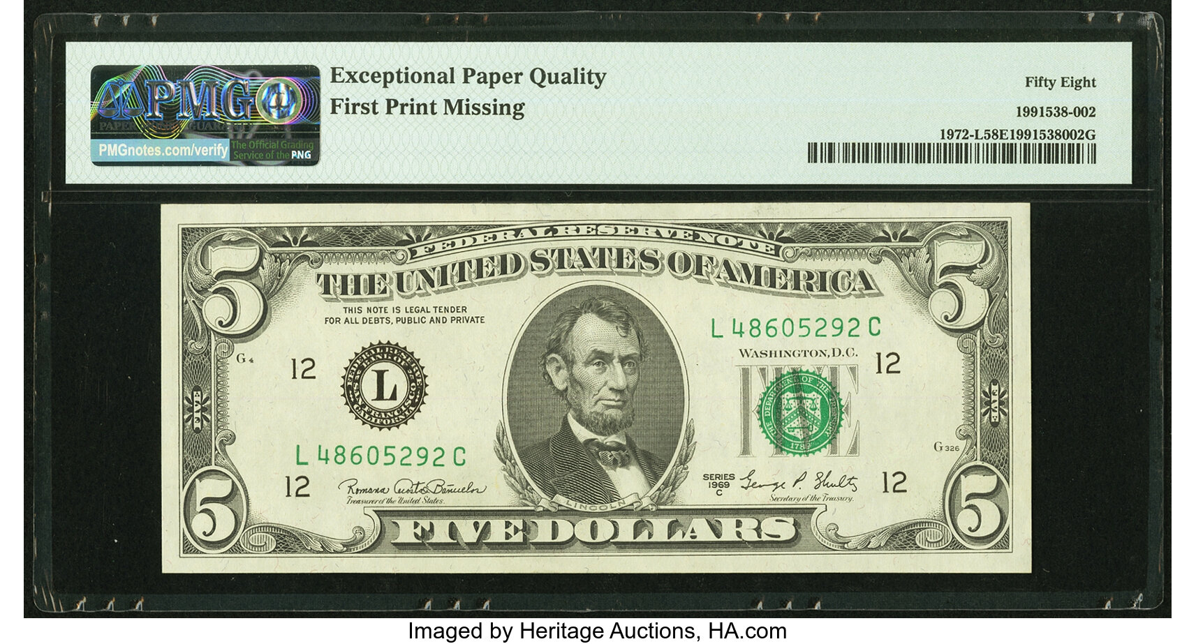 image for: First Print (Back) Missing Error Fr. 1972-L $5 1969C Federal Reserve Note. PMG Choice About Unc 58 EPQ....