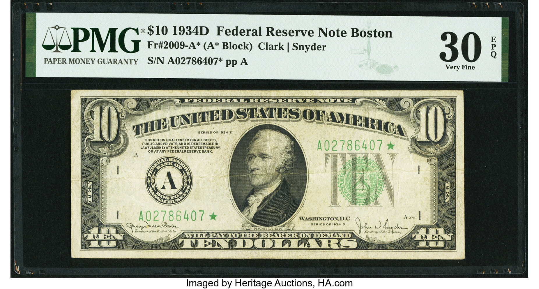 image for: Fr. 2009-A* $10 1934D Federal Reserve Note. PMG Very Fine 30 EPQ....