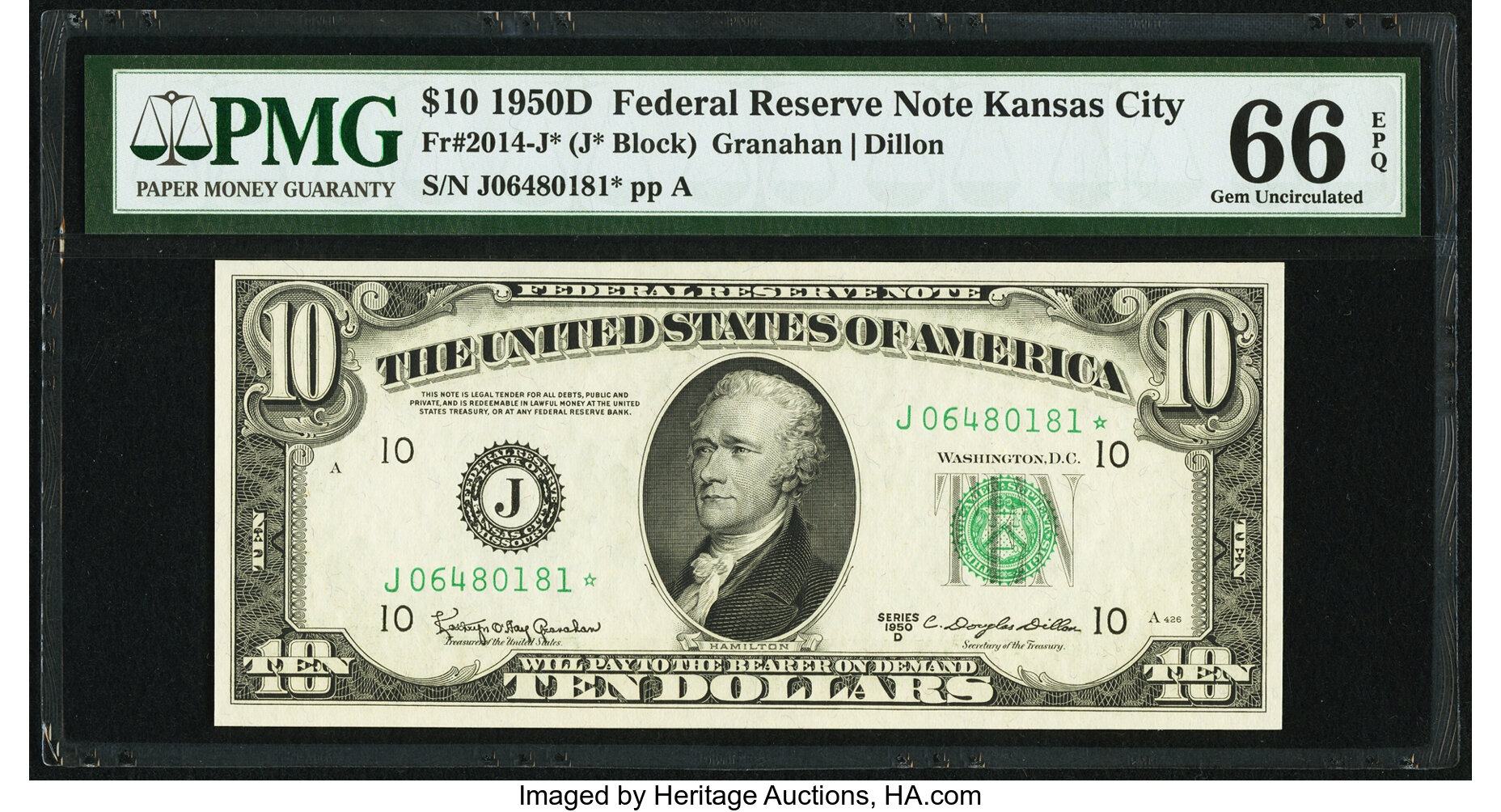 image for: Fr. 2014-J* $10 1950D Federal Reserve Note. PMG Gem Uncirculated 66 EPQ....