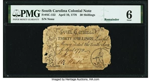 image for: South Carolina April 10, 1778 30s Remainder PMG Good 6....