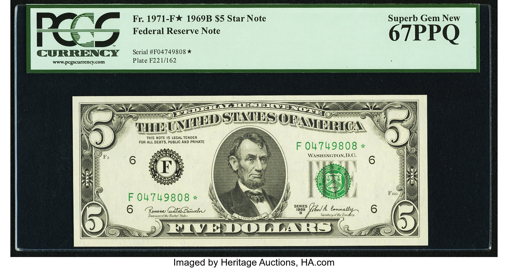 image for: Fr. 1971-F* $5 1969B Federal Reserve Note. PCGS Superb Gem New 67PPQ....