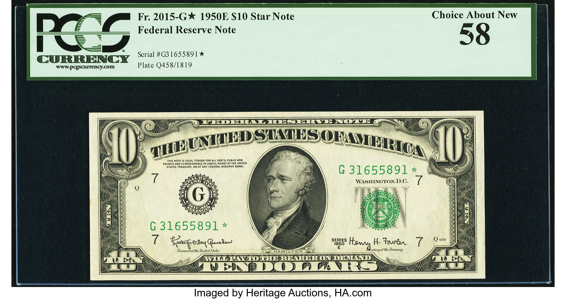 image for: Fr. 2015-G* $10 1950E Federal Reserve Note. PCGS Choice About New 58....