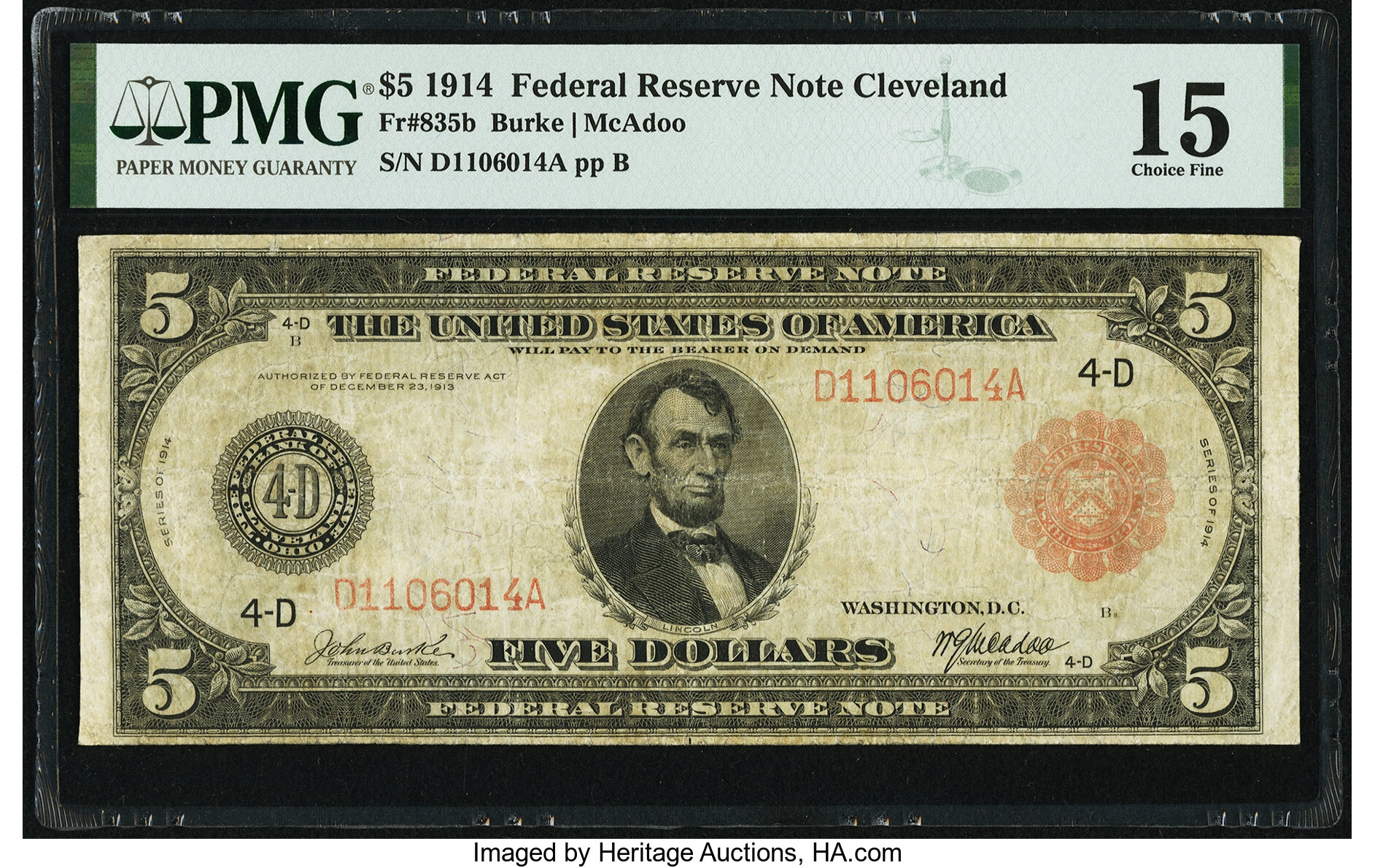 image for: Fr. 835b $5 1914 Red Seal Federal Reserve Note PMG Choice Fine 15....