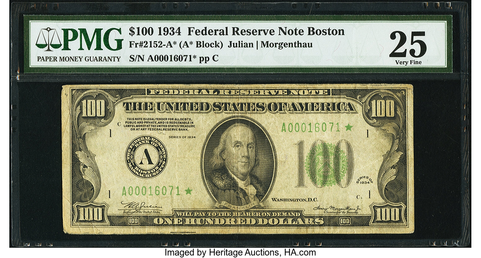image for: Fr. 2152-A* $100 1934 Dark Green Seal Federal Reserve Note. PMG Very Fine 25....