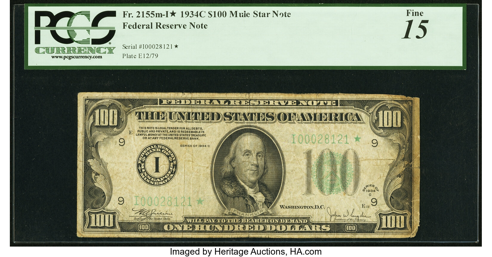 image for: Fr. 2155-I* $100 1934C Federal Reserve Note. PCGS Fine 15....