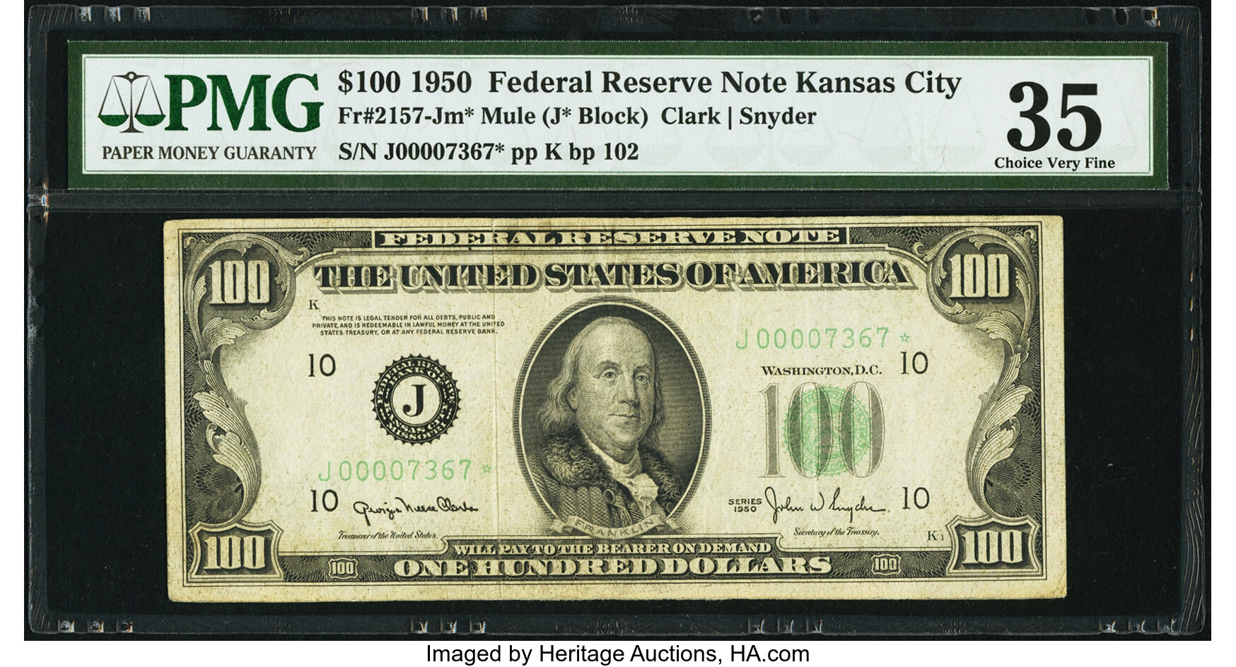 image for: Low Serial Number 7367 Fr. 2157-J* $100 1950 Mule Federal Reserve Note. PMG Choice Very Fine 35....
