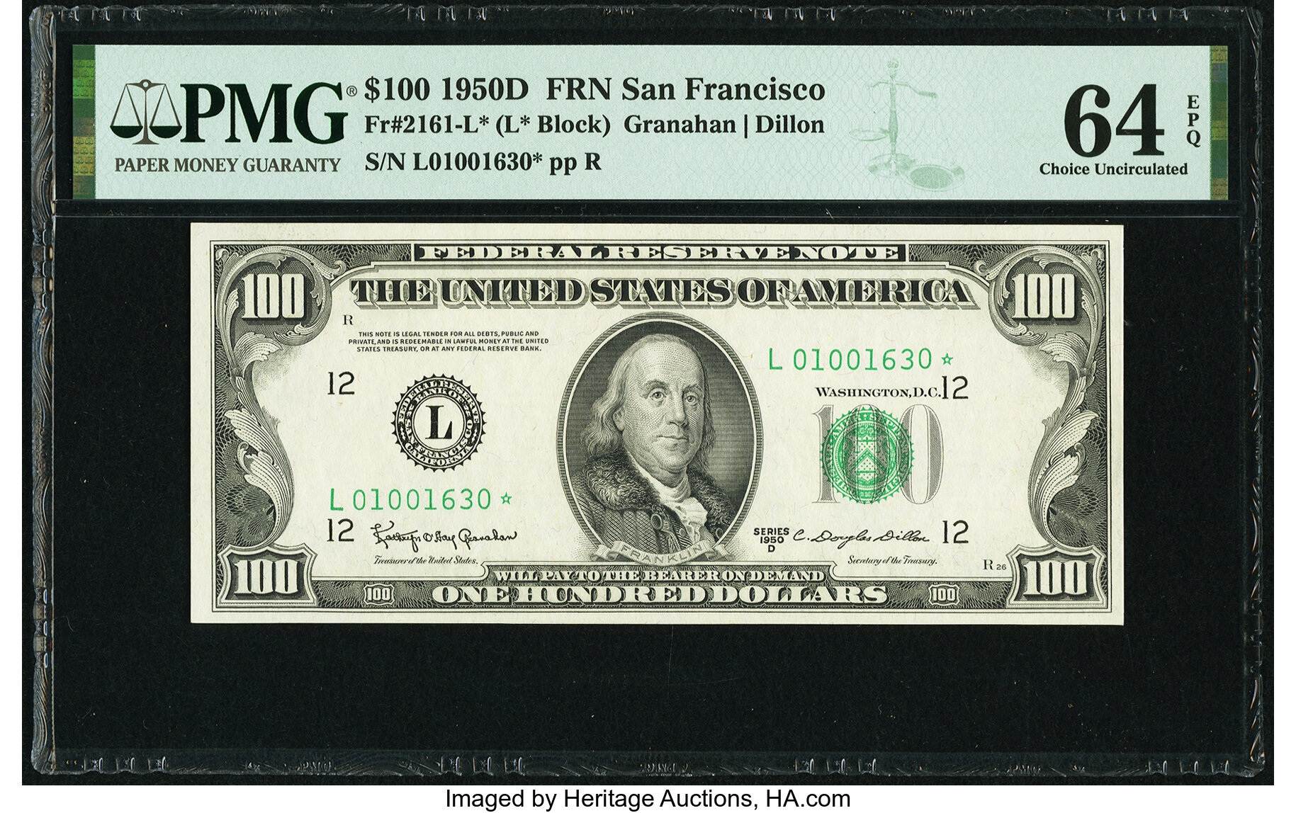 image for: Fr. 2161-L* $100 1950D Federal Reserve Note. PMG Choice Uncirculated 64 EPQ....