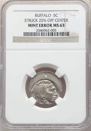 image for: No Date 5C Type Two Buffalo Nickel -- Struck 25% Off Center -- MS63 NGC....