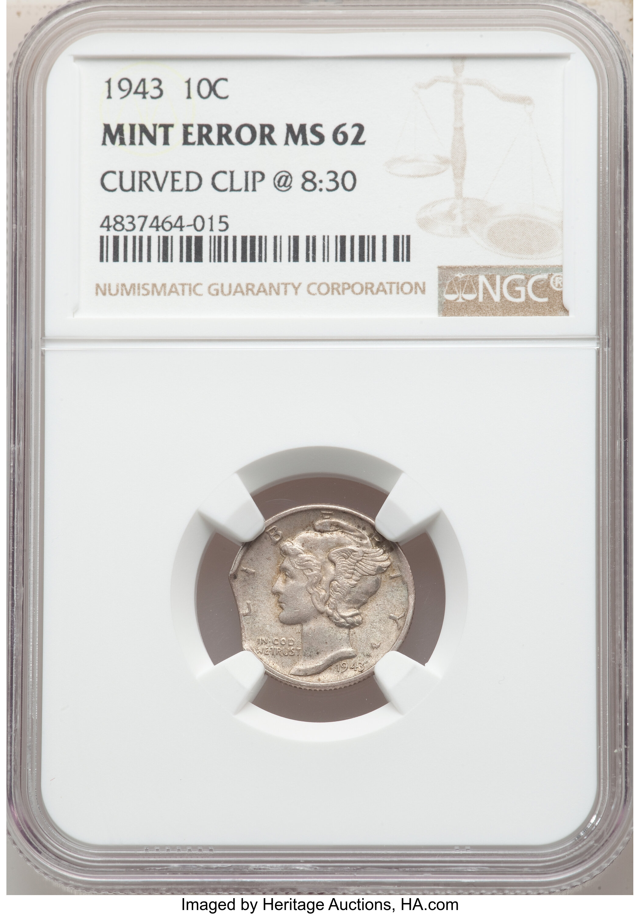 1943 10C Mercury Dime -- Curved Clip @8:30 -- MS62 NGC. ...