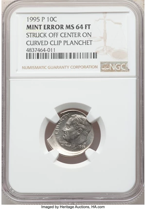 image for: 1995-P 10C Roosevelt Dime -- Struck Off Center on Curved Clip Planchet -- MS64 Full Bands NGC....