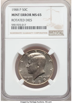 image for: 1988-P 50C Kennedy Half Dollar -- Rotated Dies -- MS65 NGC....