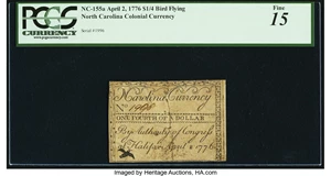 image for: North Carolina April 2, 1776 $1/4 Bird Flying Fr. NC-155a PCGS Fine 15....