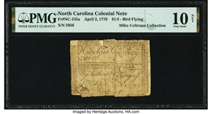 image for: North Carolina April 2, 1776 $1/4 Bird Flying Fr. NC-155a PMG Very Good 10 Net....