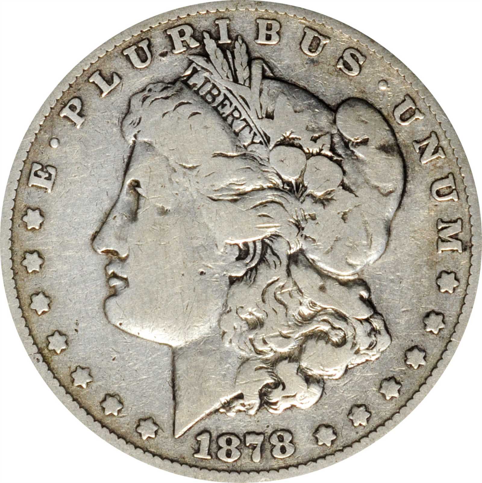 1878 Morgan Silver Dollar. 7 Tailfeathers. Reverse of 1879. VAM-220. Top 100 Variety. Tripled R. VG-10 Details--Cleaned (ANACS).