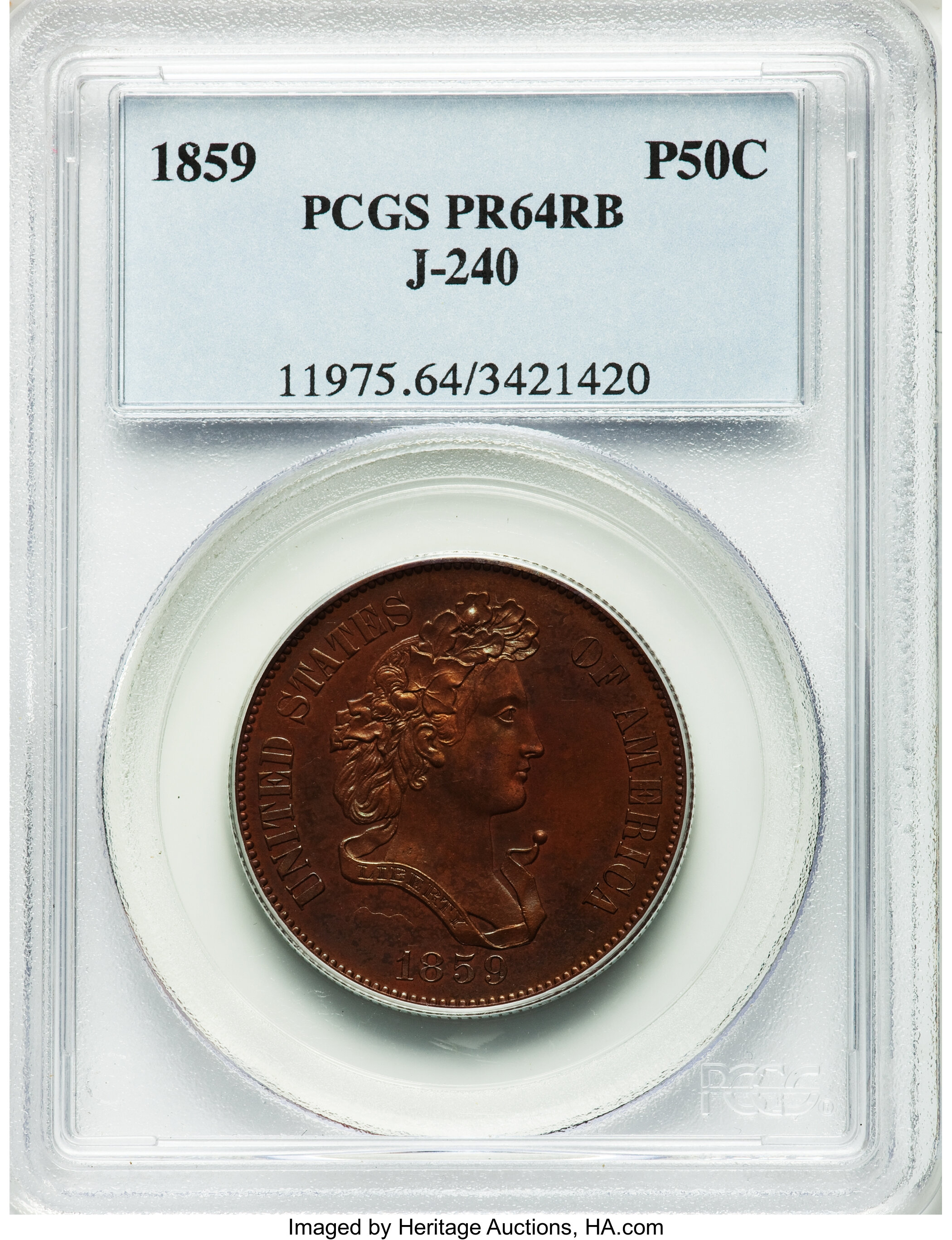 image for: 1859 P50C Half Dollar, Judd-240, Pollock-296, R.5, PR64 Red and Brown PCGS....