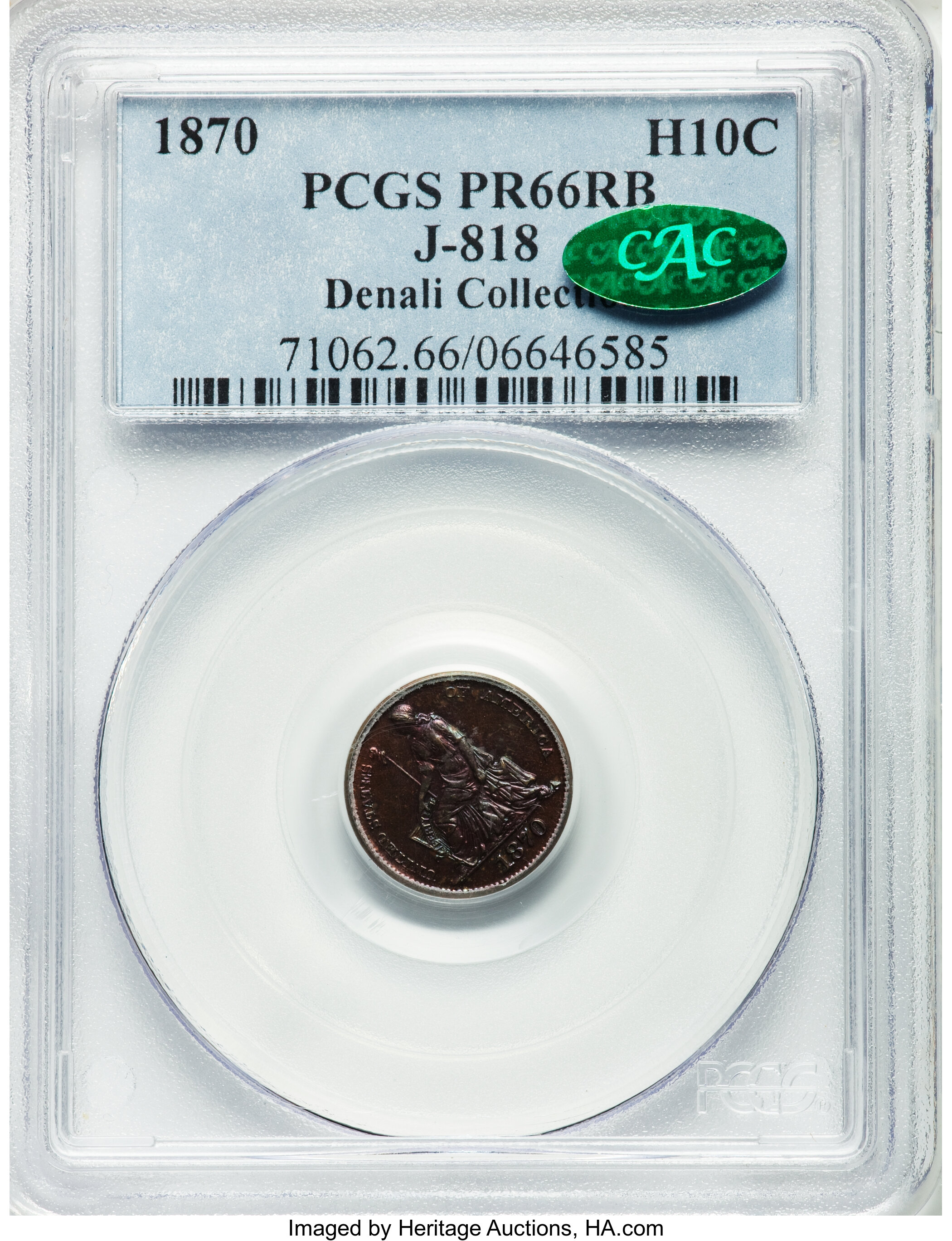image for: 1870 H10C Half Dime, Judd-818, Pollock-907, Low R.7, PR66 Red and Brown PCGS. CAC....