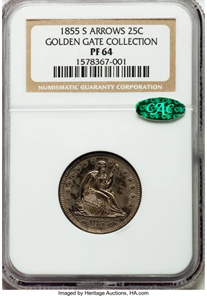 image for: 1855-S 25C PR64 NGC. CAC. Briggs 1-A....