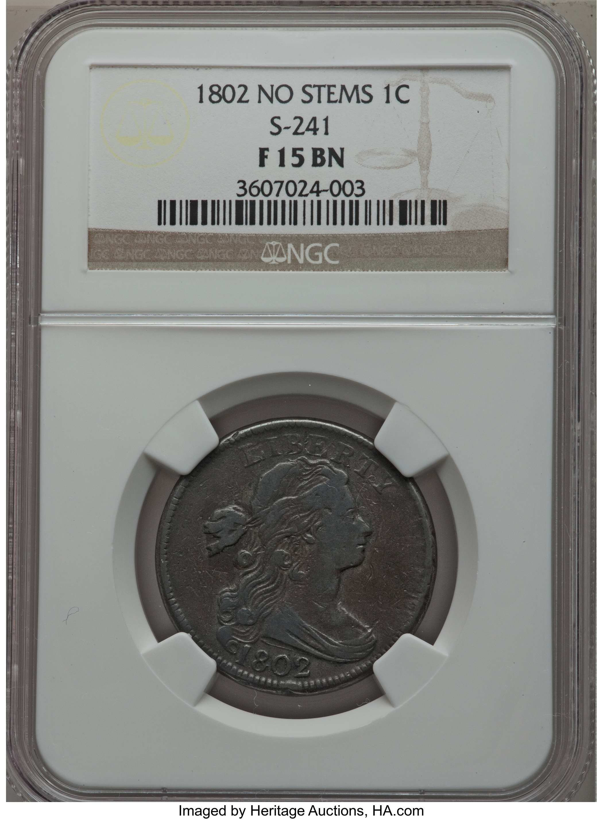 image for: 1802 1C No Stems, S-241, B-20, R.1 Fine 15 NGC. NGC Census: (0/0). PCGS Population (0/2)....
