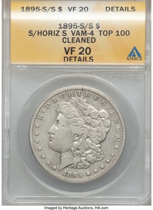 image for: 1895-S/S $1 VAM-4, S Over Horizontal S -- Cleaned -- ANACS. VF20 Details. Top-100. NGC Census: (0/0). PCGS Population (1/14...