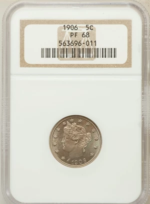 image for: 1906 5C PR68 NGC. NGC Census: (4/0). PCGS Population (0/0). Mintage: 1,725. Numismedia Wsl. Price for problem free NGC/PCGS...