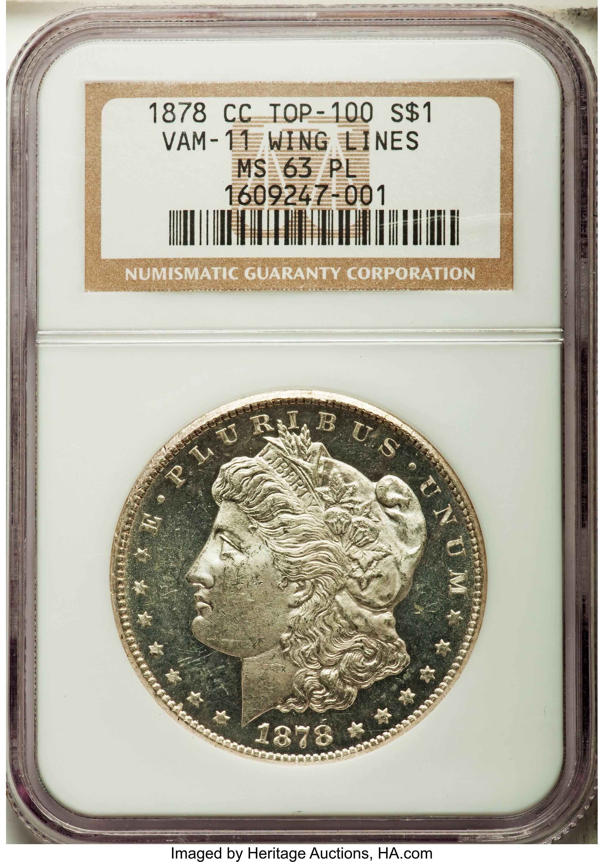image for: 1878-CC $1 Lines in Wing, VAM-11, MS63 Prooflike NGC.  TOP-100. NGC Census: (21/15). PCGS Population (11/8)....