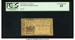 image for: New Jersey June 22, 1756 3s PCGS Extremely Fine 45....
