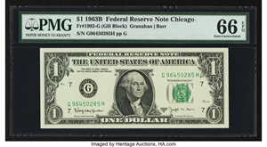 image for: Fr. 1902-G $1 1963B Federal Reserve Note. PMG Gem Uncirculated 66 EPQ....