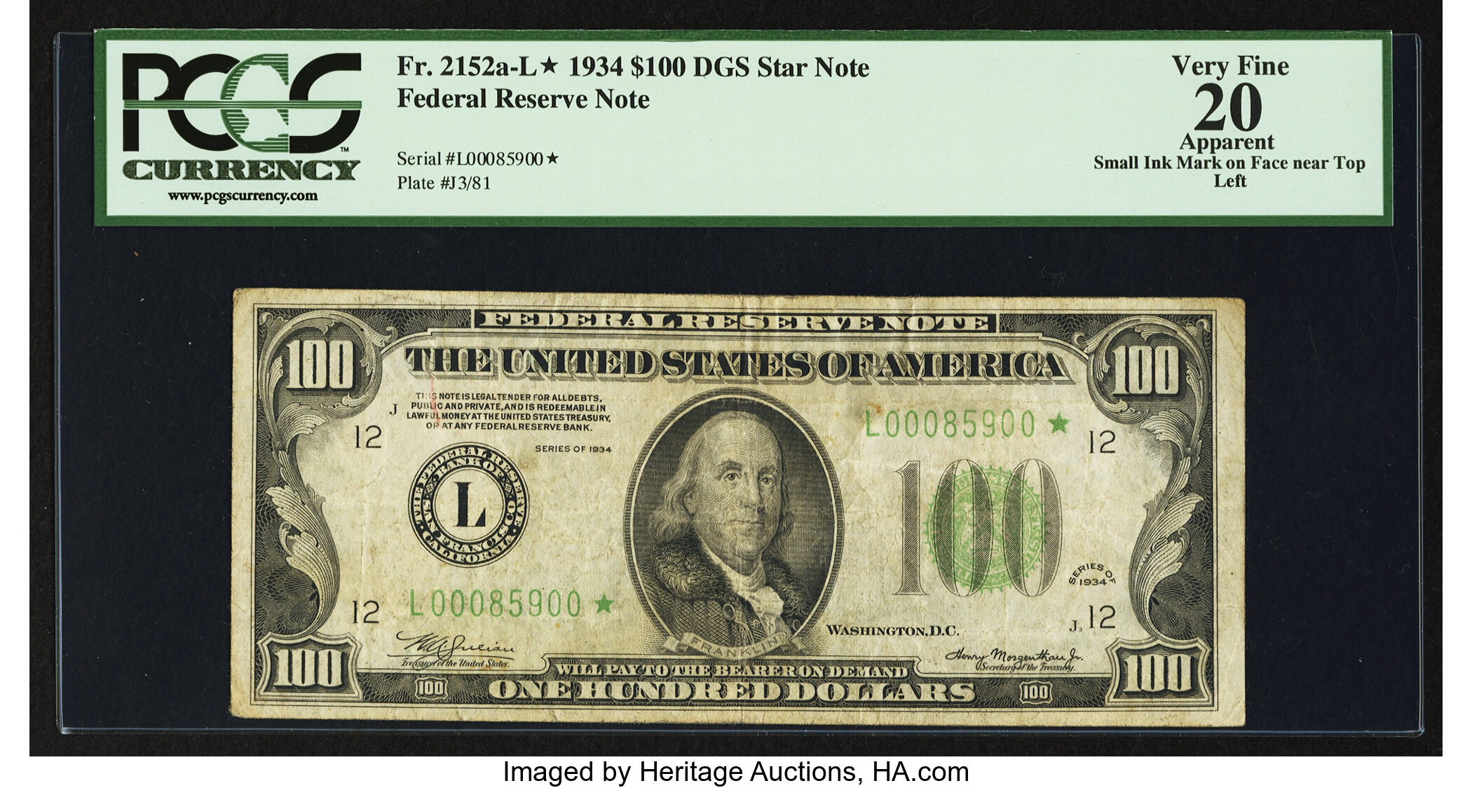 image for: Fr. 2152-L* $100 1934 Dark Green Seal Federal Reserve Star Note. PCGS Apparent Very Fine 20....