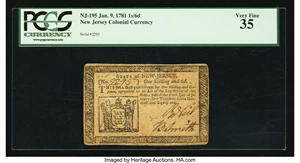 image for: New Jersey January 9, 1781 1s 6d PCGS Very Fine 35....