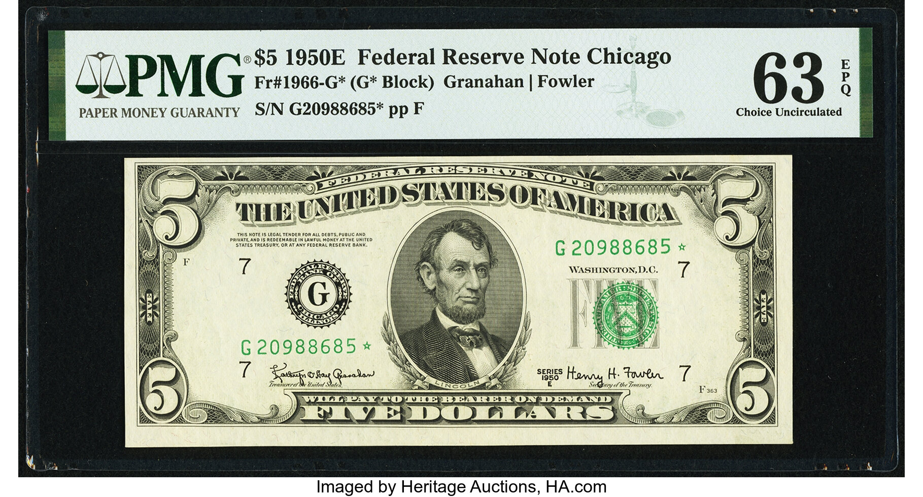 image for: Fr. 1966-G* $5 1950E Federal Reserve Note. PMG Choice Uncirculated 63 EPQ....