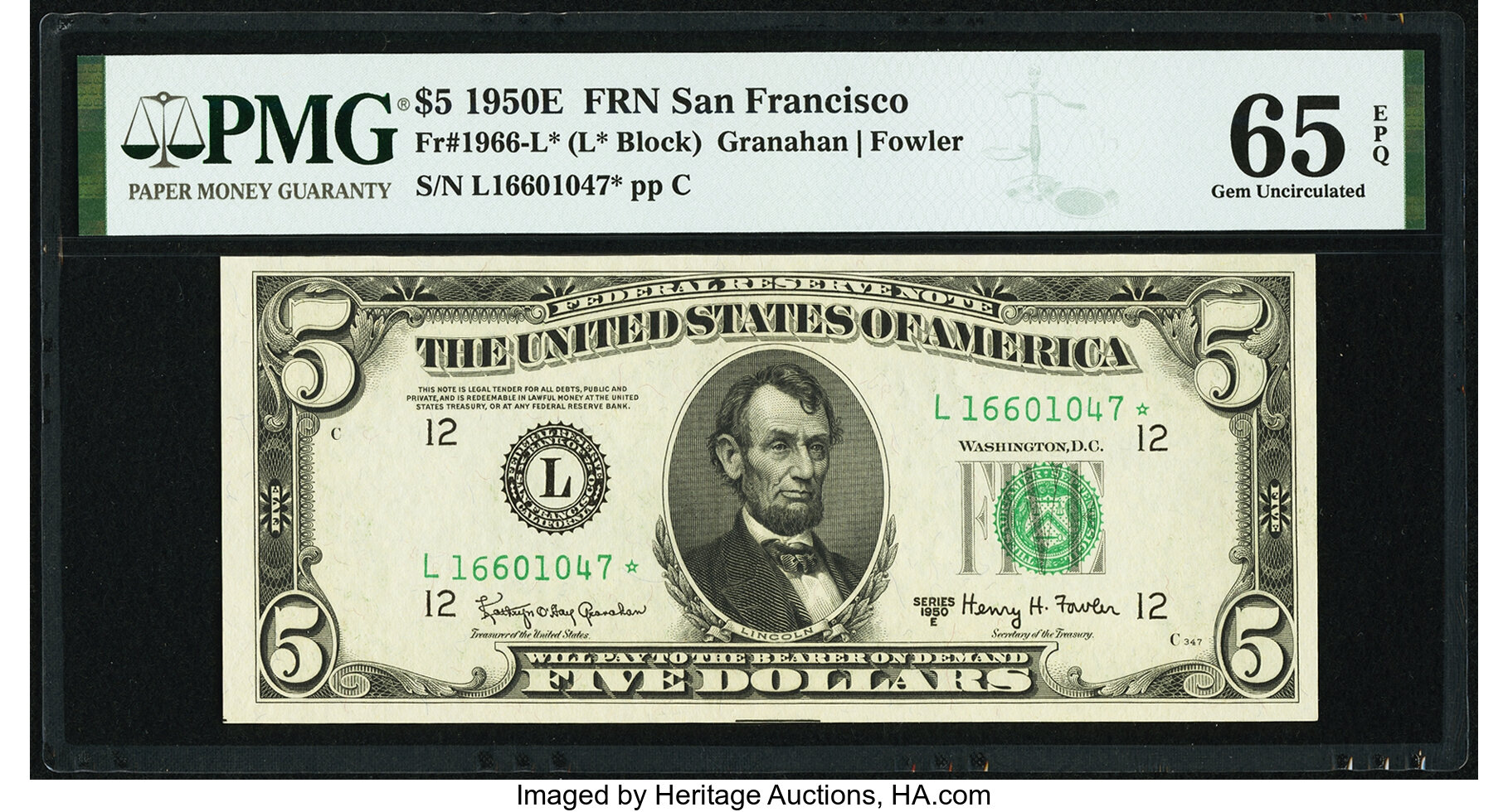 image for: Fr. 1966-L* $5 1950E Federal Reserve Note. PMG Gem Uncirculated 65 EPQ....