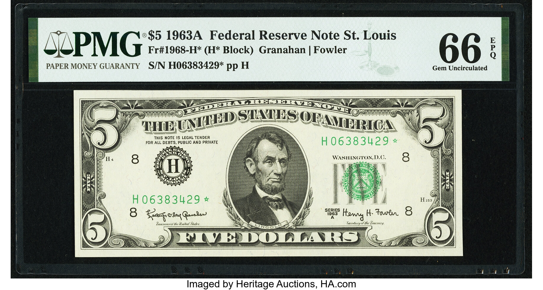 image for: Fr. 1968-H* $5 1963A Federal Reserve Note. PMG Gem Uncirculated 66 EPQ....