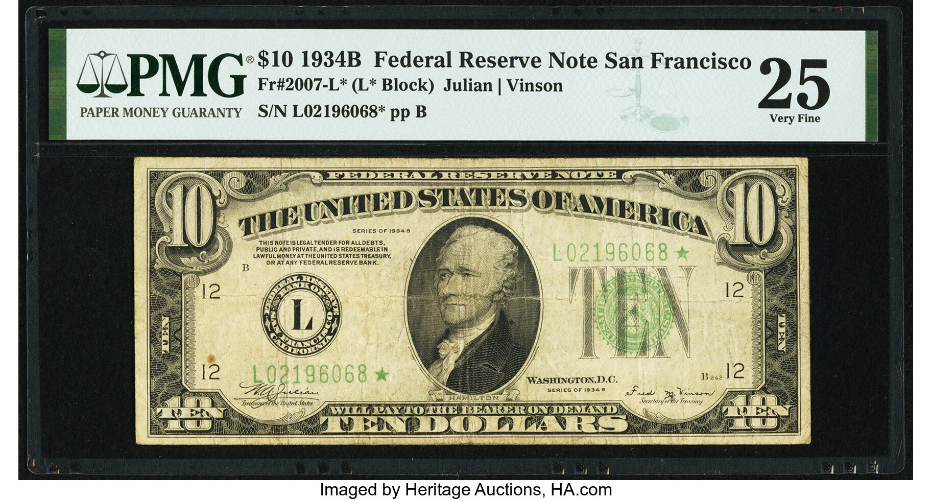 image for: Fr. 2007-L* $10 1934B Federal Reserve Note. PMG Very Fine 25....