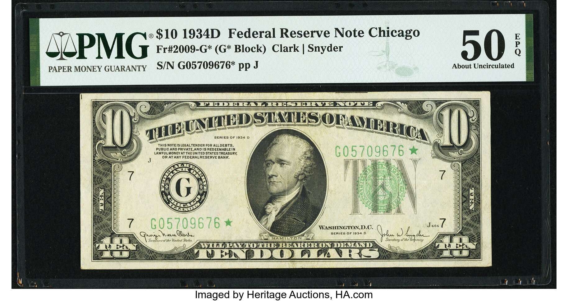 image for: Fr. 2009-G* $10 1934D Federal Reserve Note. PMG About Uncirculated 50 EPQ....