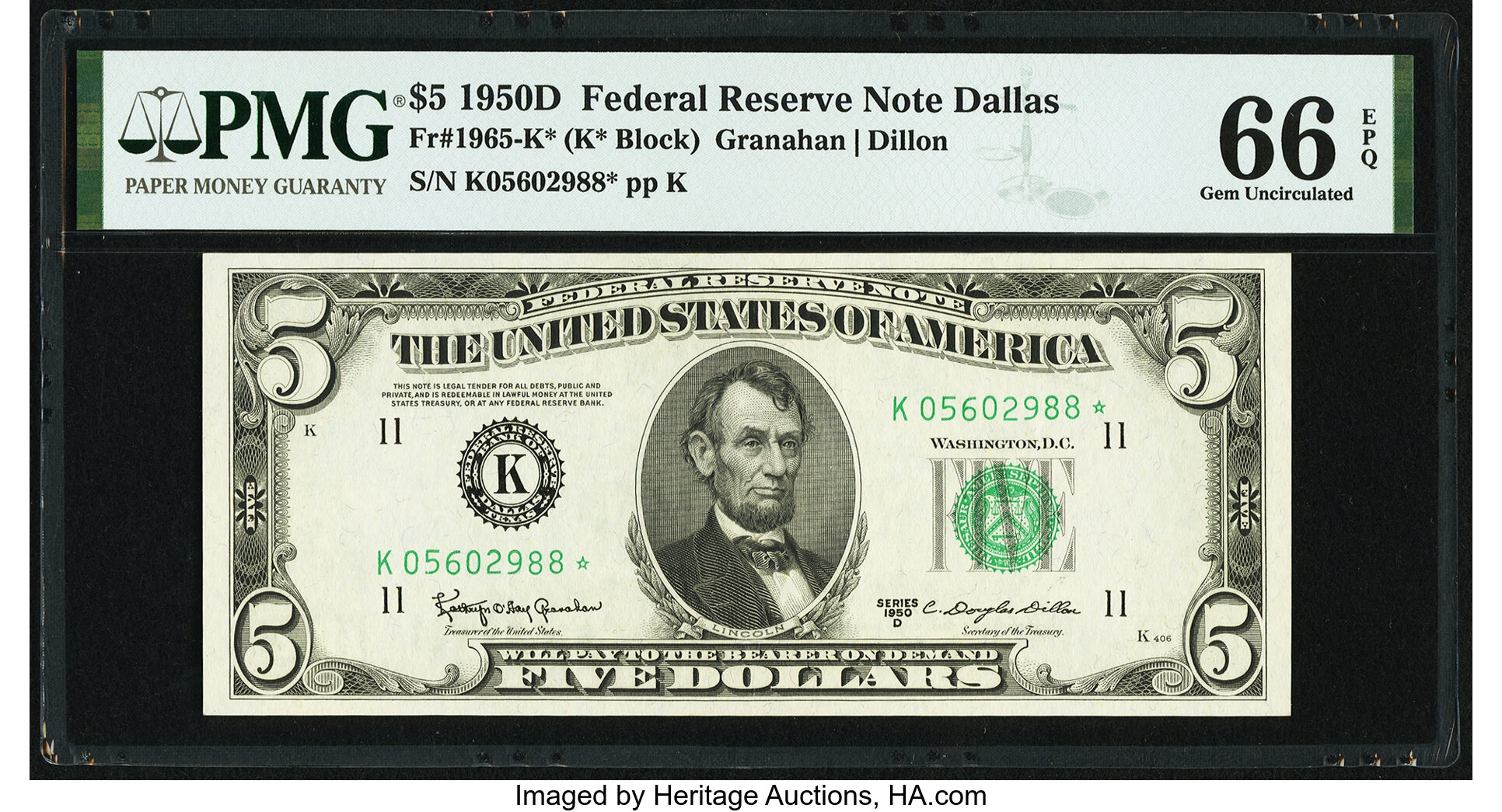 image for: Fr. 1965-K* $5 1950D Federal Reserve Note. PMG Gem Uncirculated 66 EPQ....