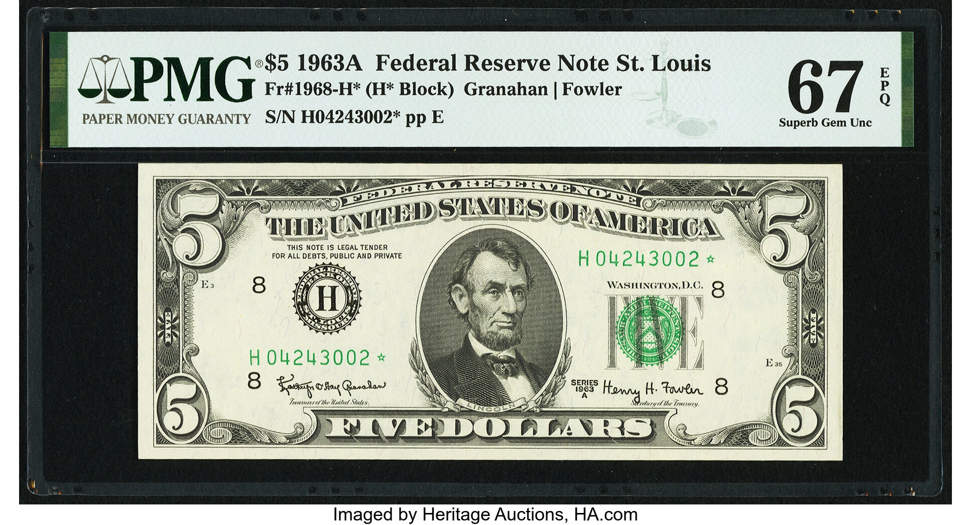 image for: Fr. 1968-H* $5 1963A Federal Reserve Note. PMG Superb Gem Unc 67 EPQ....