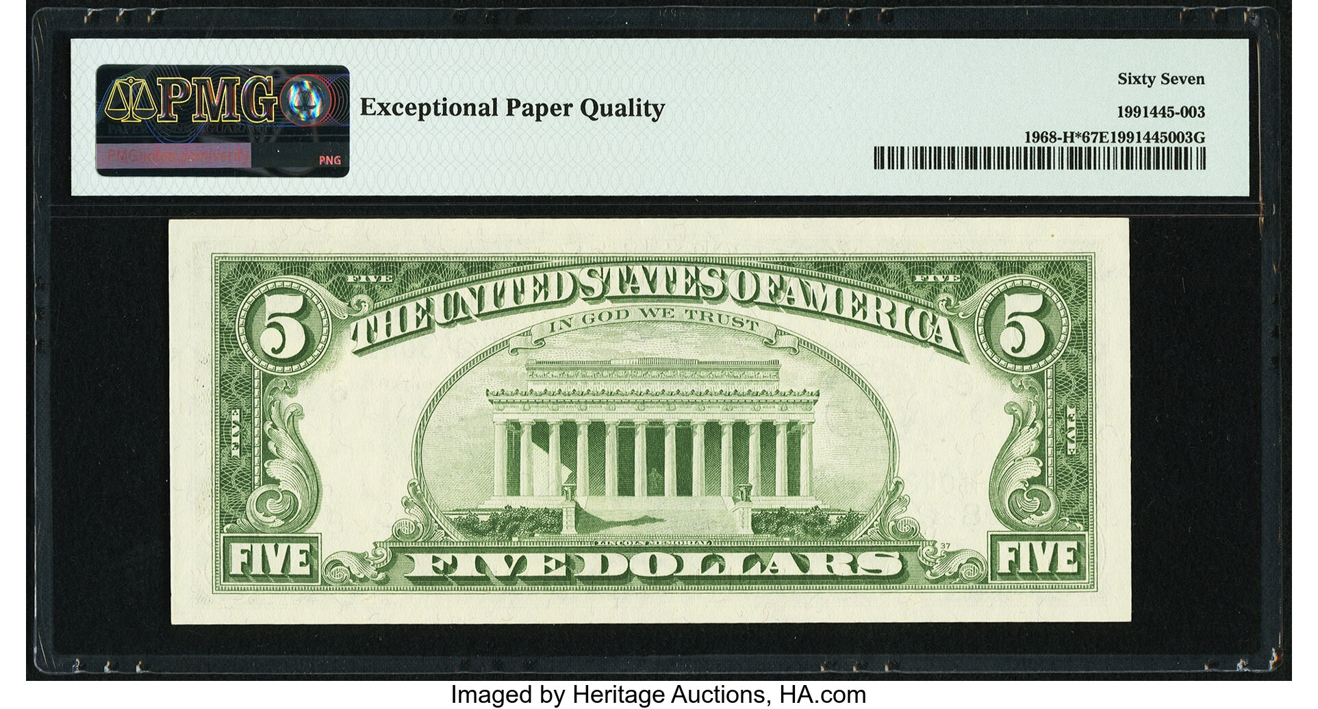 image for: Fr. 1968-H* $5 1963A Federal Reserve Note. PMG Superb Gem Unc 67 EPQ....