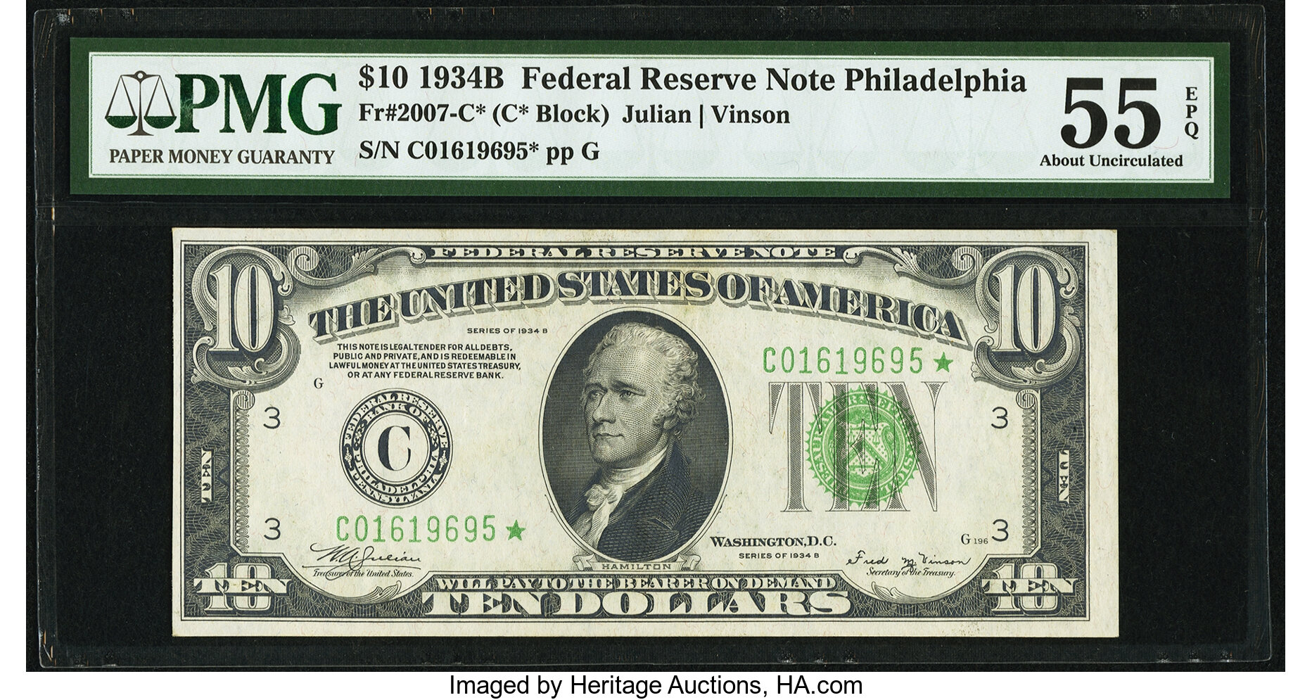 image for: Fr. 2007-C* $10 1934B Federal Reserve Note. PMG About Uncirculated 55 EPQ....