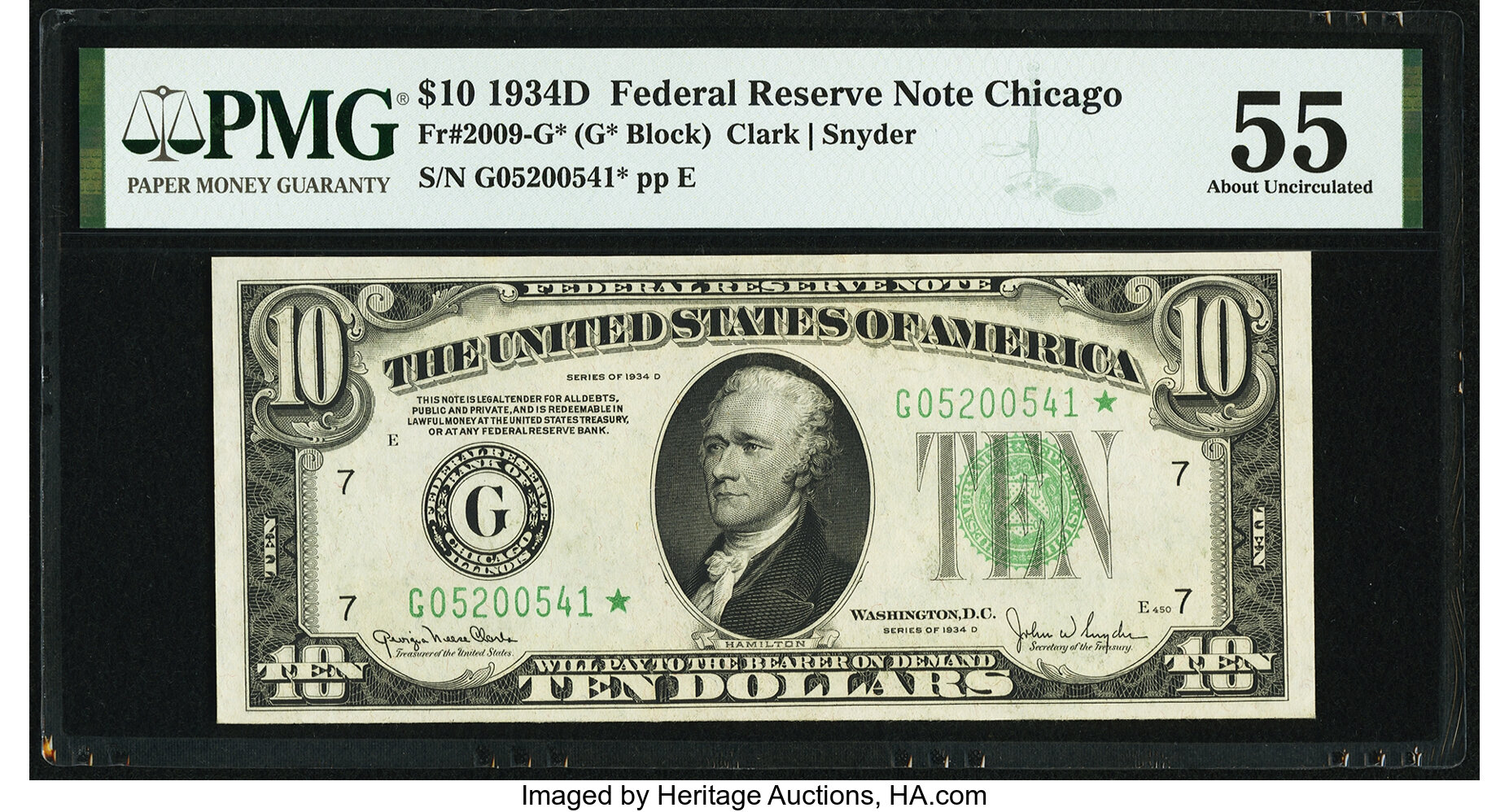 image for: Fr. 2009-G* $10 1934D Federal Reserve Note. PMG About Uncirculated 55....