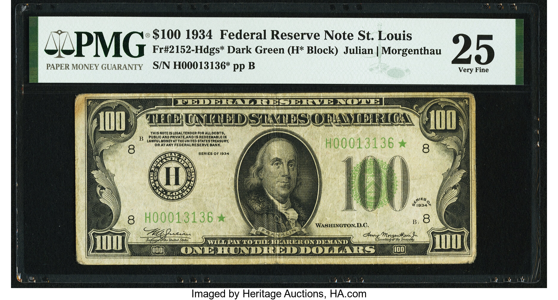 image for: Fr. 2152-H* $100 1934 Dark Green Seal Federal Reserve Note. PMG Very Fine 25....