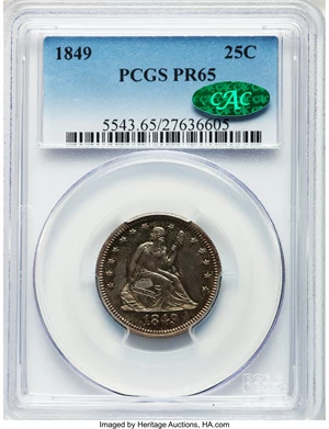 image for: 1849 25C PR65 PCGS. CAC....