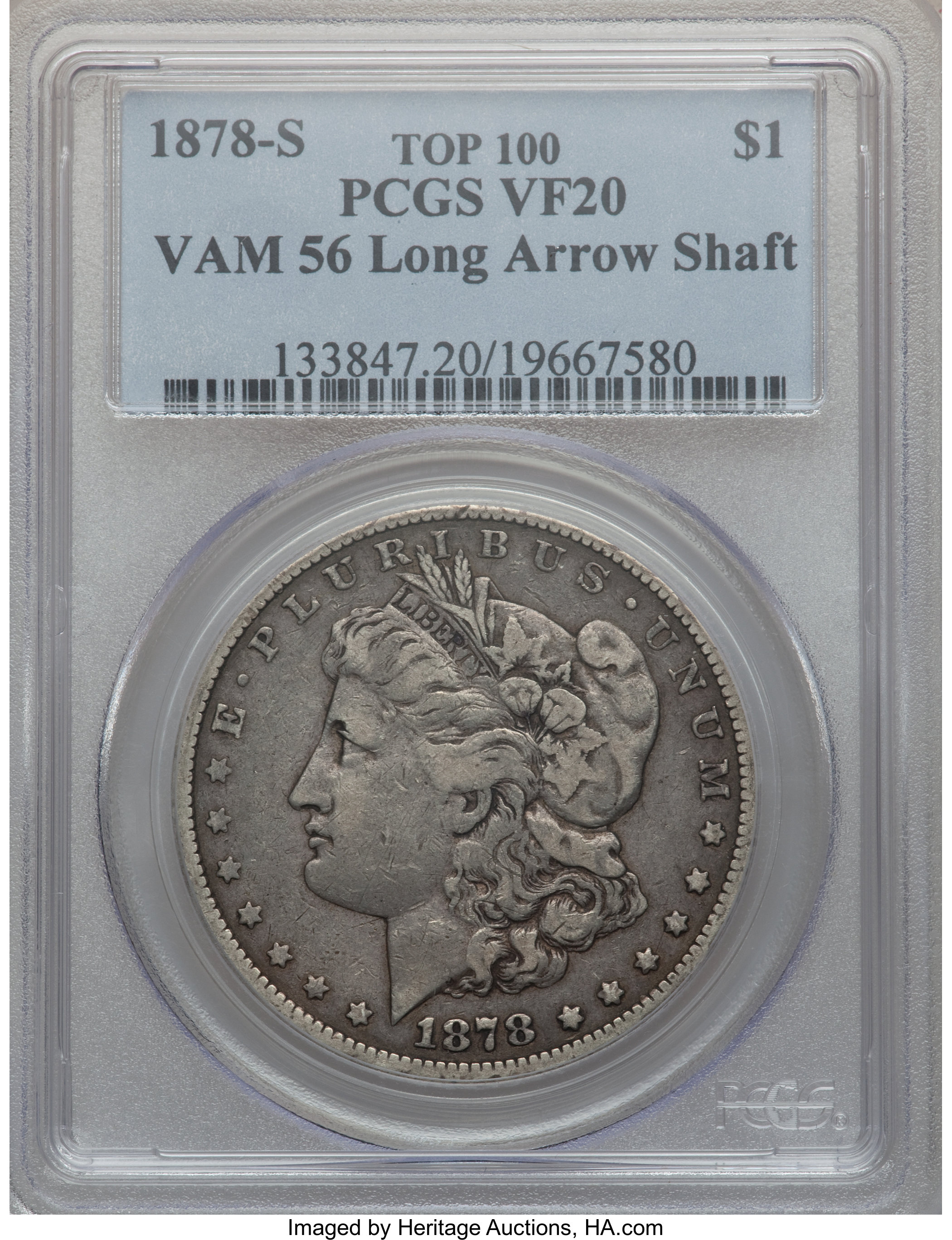 image for: 1878-S $1 Vam-56, Long Arrow Shaft VF20 PCGS. Top-100. PCGS Population (1/27). NGC Census: (0/0).From The Parcfeld Coll...