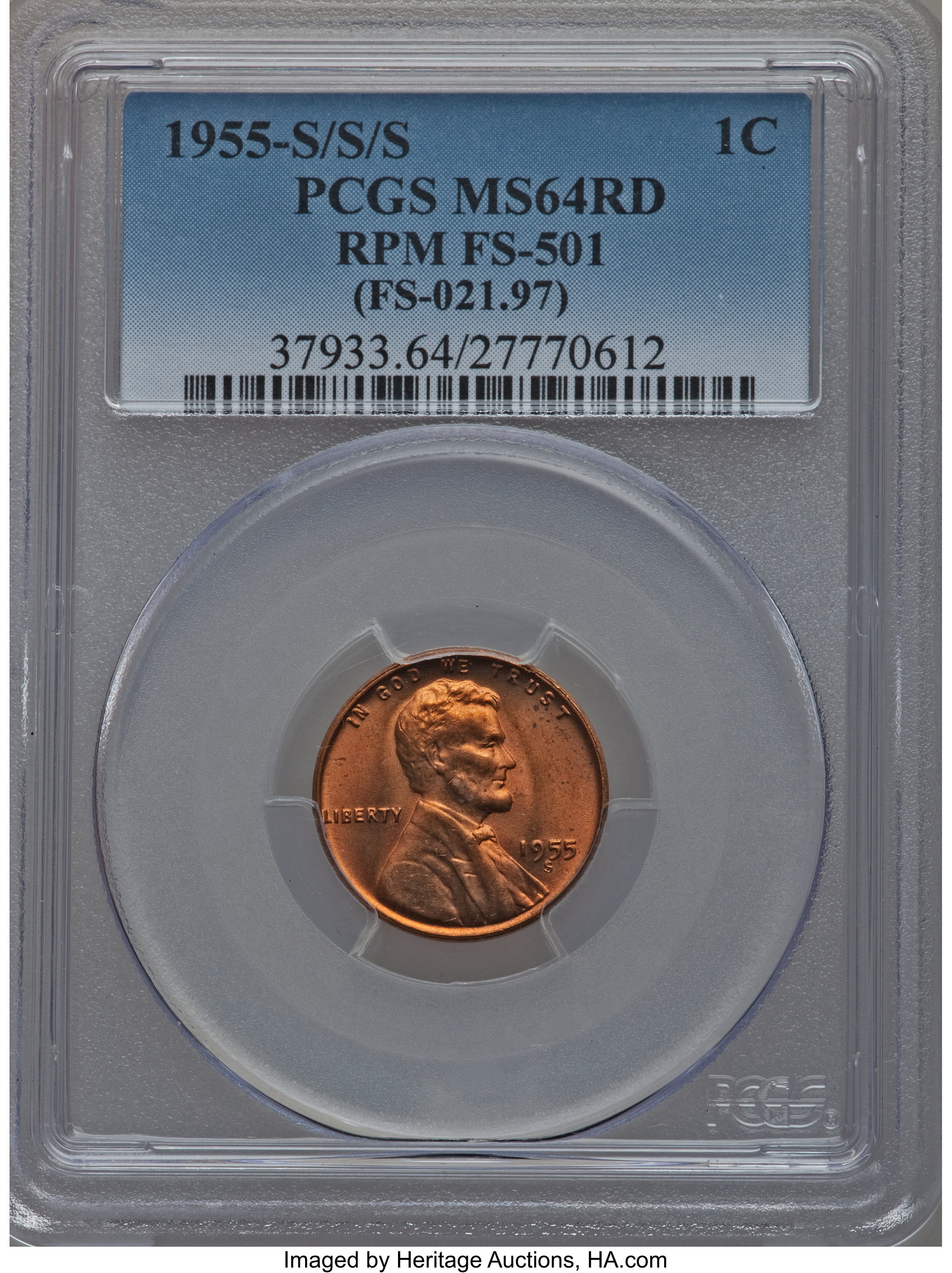 1955-S/S/S 1C MS64 Red PCGS. FS-501 (FS-021.97). PCGS Population (392/5018). NGC Census: (156/9750). Mintage: 44,610,000. N...
