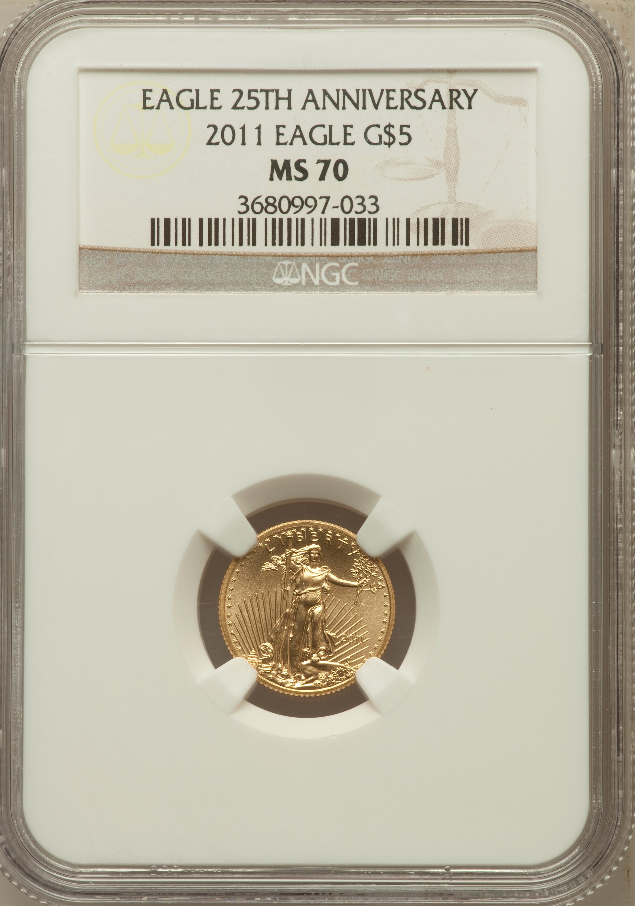 2011 $5 Tenth-Ounce Gold Eagle, 25th Anniversary MS70 NGC. NGC Census: (512). PCGS Population (6)....