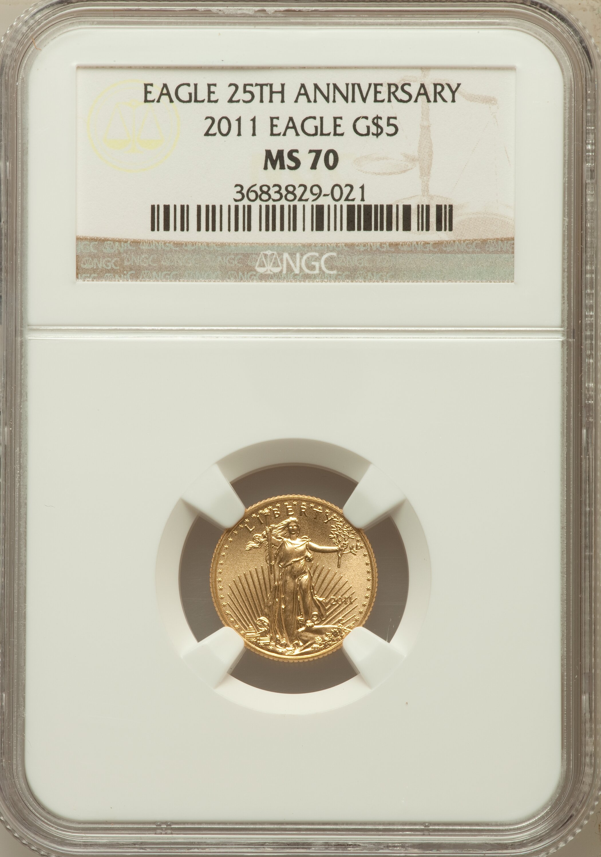 2011 $5 Tenth-Ounce Gold Eagle, 25th Anniversary MS70 NGC. NGC Census: (512). PCGS Population (6). ...
